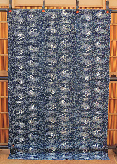 #1503 Large antique futon cover, indigo stencil dyed, stork and turtle design, small boro patches, 38"w x 60"h, C.1910 Japanese antiques in LA