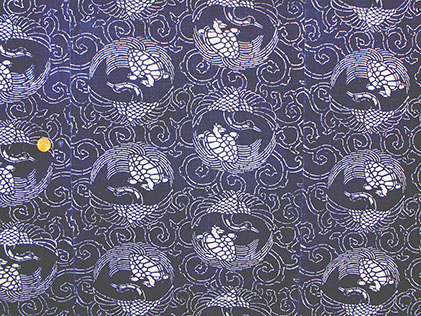 #1503 Large antique futon cover, indigo stencil dyed, stork and turtle design, small boro patches, 38"w x 60"h, C.1910 Japanese antiques in LA