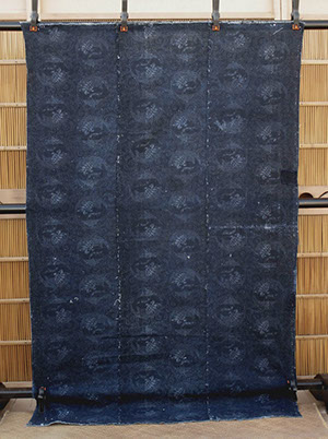 #1503 Large antique futon cover, indigo stencil dyed, stork and turtle design, small boro patches, 38"w x 60"h, C.1910 Japanese antiques in LA