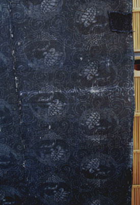 Back view - #1503 Large antique futon cover, indigo stencil dyed, stork and turtle design, small boro patches, C.1910 Japanese antiques in LA
